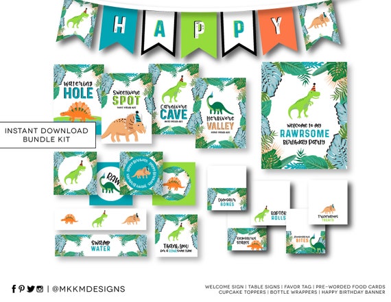 Dinosaur Party Kit, Tropical Dinosaur Party, Dino Birthday Decor, Dino Pool Party, Dino Favor Tag, Dino Food Cards, INSTANT DOWNLOAD - RAWR Il_570xn