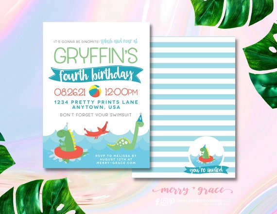 Dinosaur Pool Party, Dinosaur Birthday, Dinosaur Invitation, Boy Birthday Party, Boys Pool Party Invite, Dinosaur Party, T-Rex Party Il_570xn