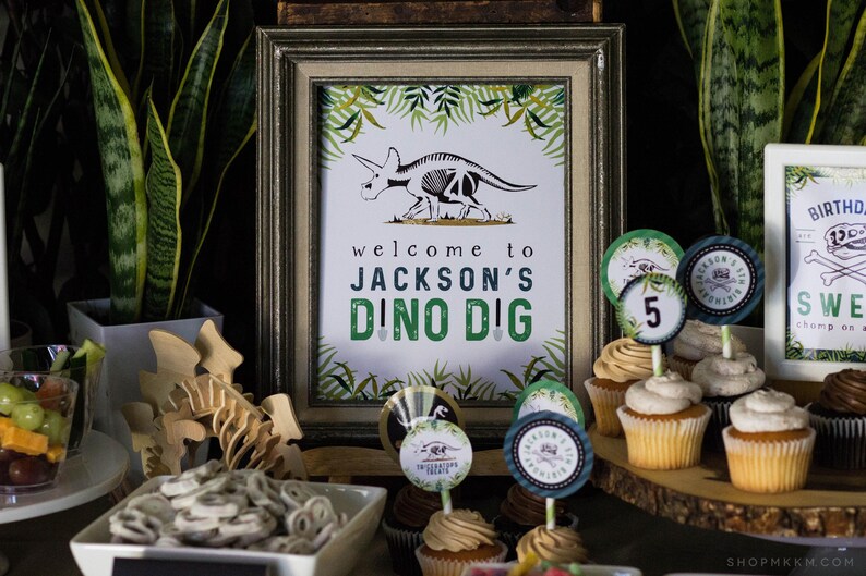 Dino Dig Sign, Dinosaur Party, Dino Welcome Sign, Boy Birthday Decor, Triceratops Sign, Paleontologist Party, Welcome Sign, Birthday Poster image 1