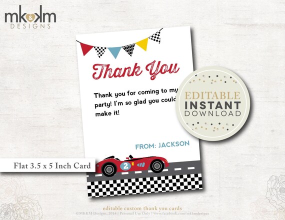 Editable Thank You Card, Race Car Birthday, Race Car Thank You, Car Thank You Note, INSTANT DOWNLOAD, Boy Birthday, Printable Thanks, #53 Il_570xn