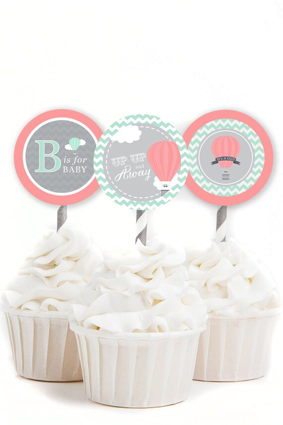 Up and Away Cupcake Toppers, Hot Air Balloon Baby Shower, Travel Shower Decor, Mint and Coral, Girl Baby Shower, INSTANT DOWNLOAD, #A3 Il_570xn