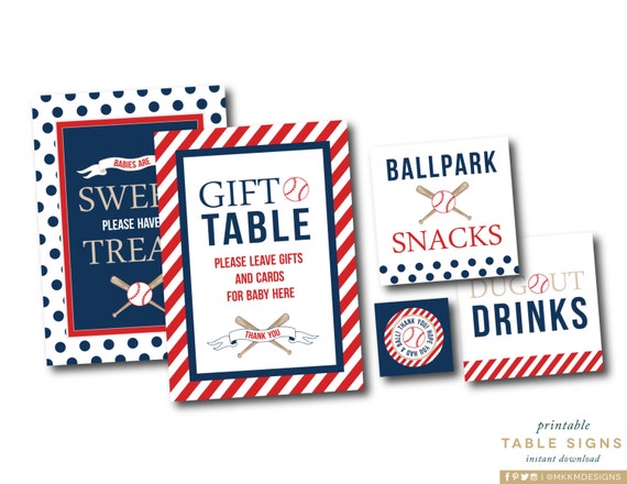 Baseball Table Signs, INSTANT DOWNLOAD, Baseball Baby Shower, Sports Decor, Ballpark Snack Sign, Baseball Favor Tag, Red and Blue, #S1 Il_570xn