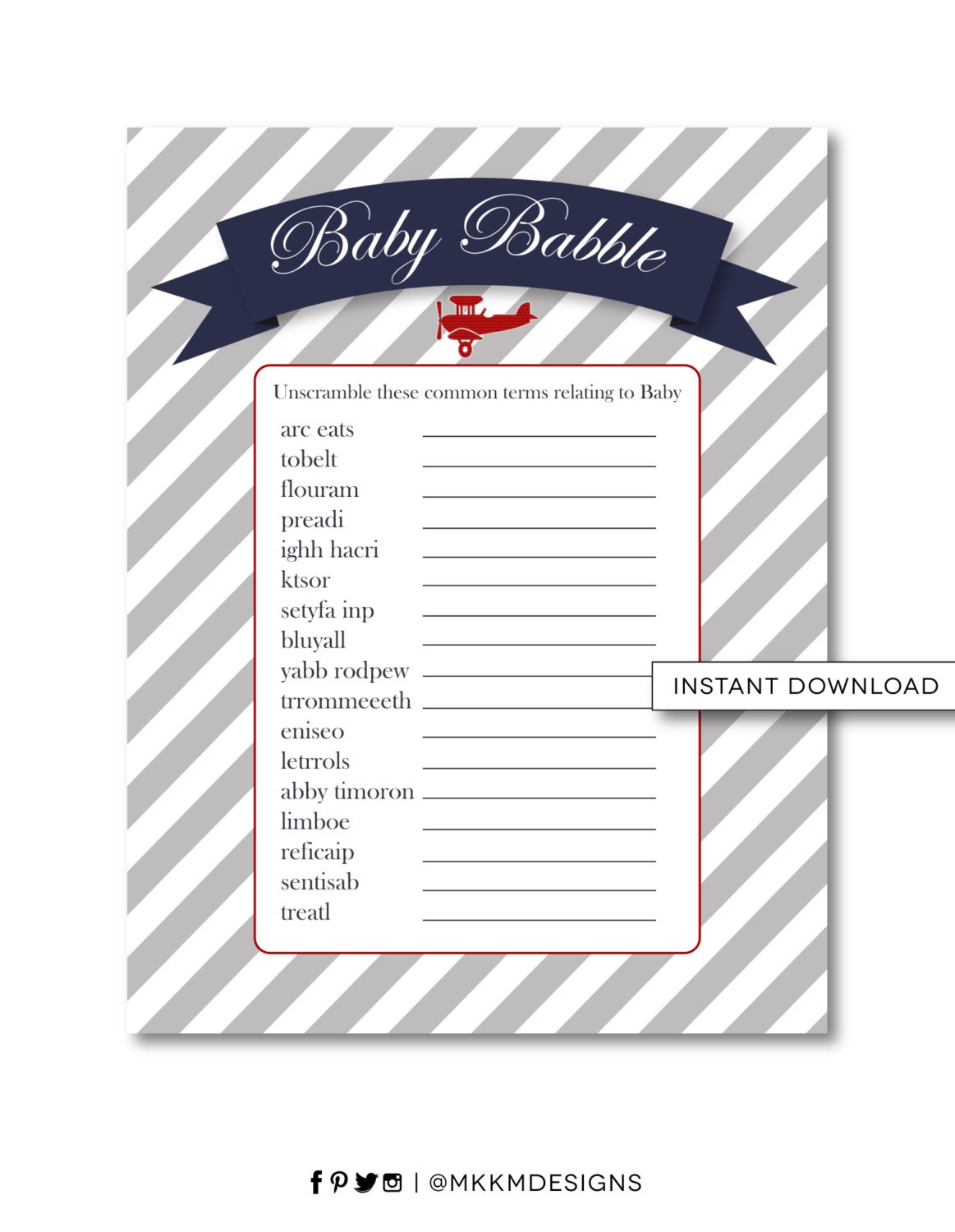 Baby Babble Word Scramble Airplane Baby Shower Travel Baby