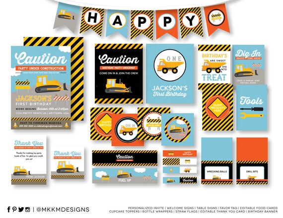 Construction Birthday Party Kit, Construction Party, Construction Invitation, Dump Truck Party, Birthday Banner, Editable Food Cards, #45 Il_570xn