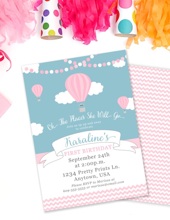 Hot Air Balloon Birthday Invitation, Oh The Places Invite, Up and Away Party, Girls Birthday, Balloon Invitation, Girls First Birthday, #65 Il_570xn