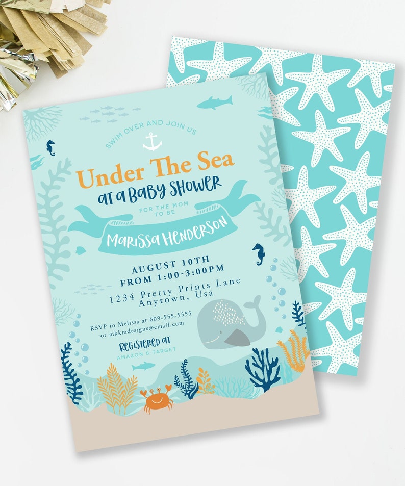 Under The Sea Invitation, Beach Baby Shower, Nautical Shower Invitation, Ocean Shower Invite, Starfish Baby Shower, Couples Baby Shower image 2