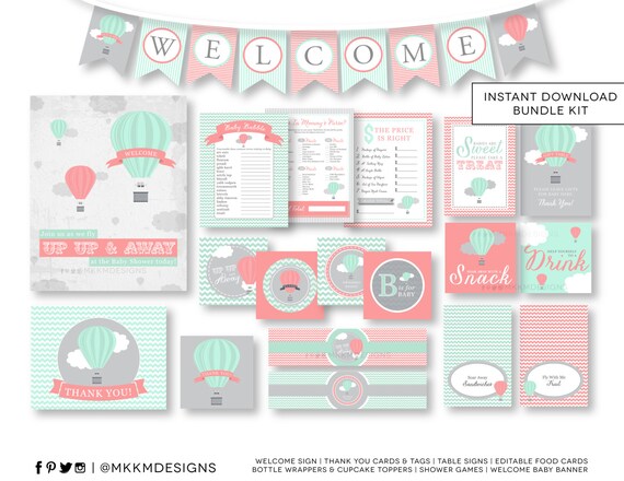 Hot Air Balloon Shower, Welcome Baby Banner, Baby Shower Games, Travel Shower Decor, Girl Baby Shower, Mint and Coral, INSTANT DOWNLOAD, #A3 Il_570xn