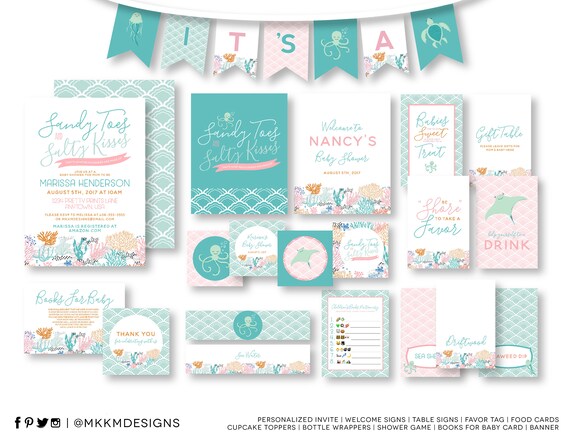 Beach Baby Shower Kit, Baby Shower Invite, Beach Invitation, Ocean Party Decor, Baby Shower Decor, Nautical Shower, Coral Reef Shower, #N5 Il_570xn