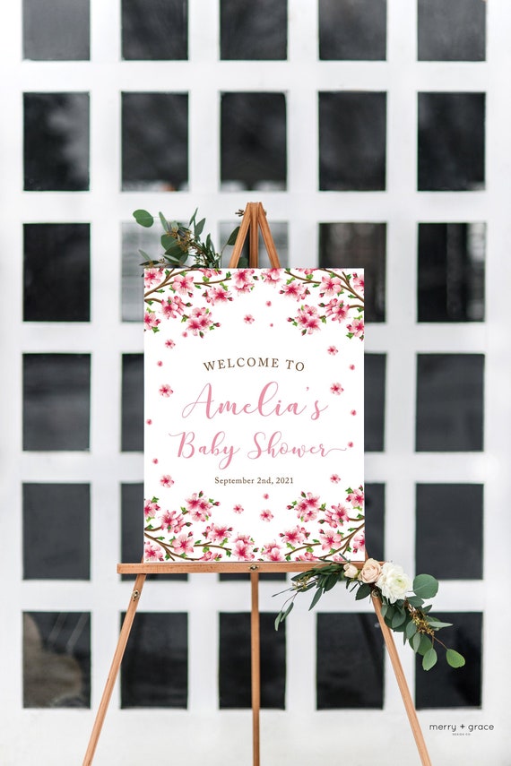 Cherry Blossom Welcome Sign, Baby Shower Decor, Sakura Baby Shower, Baby Shower Sign, Custom Welcome Sign, Cherry Blossom Shower Il_570xn