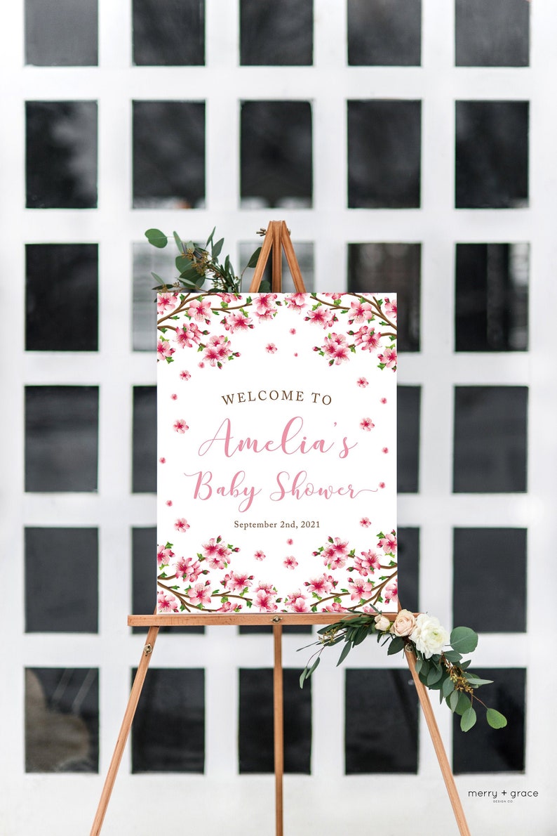 Cherry Blossom Welcome Sign, Baby Shower Decor, Sakura Baby Shower, Baby Shower Sign, Custom Welcome Sign, Cherry Blossom Shower image 1