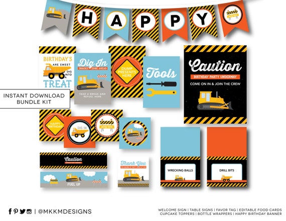 Construction Party Kit Instant Download Birthday Banner Boy