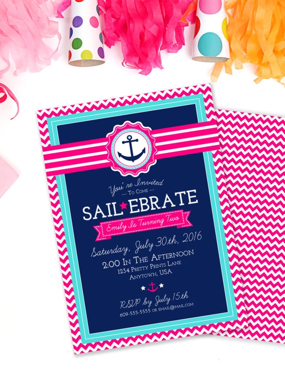 Sailebrate Birthday Invitation, Nautical Birthday Invite, Beach Party, Pink Pool Party, Anchor Invitation, Pool Party Invite, Girls Birthday Il_570xn