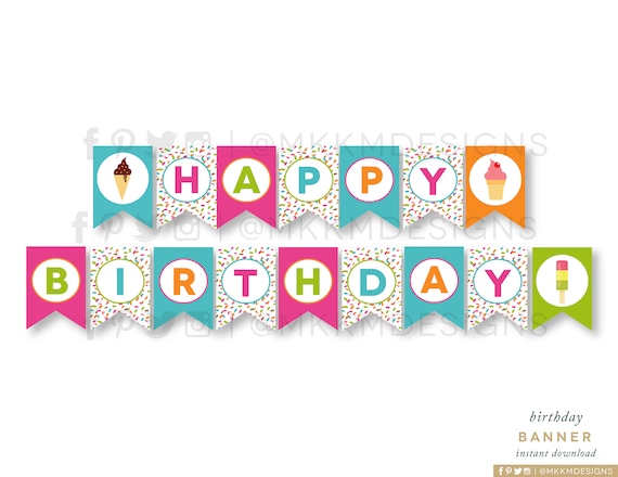 Ice Cream Banner, Ice Cream Birthday, Happy Birthday Banner, Ice Cream Party Banner, Girls Birthday Banner, INSTANT DOWNLOAD, #47 Il_570xn