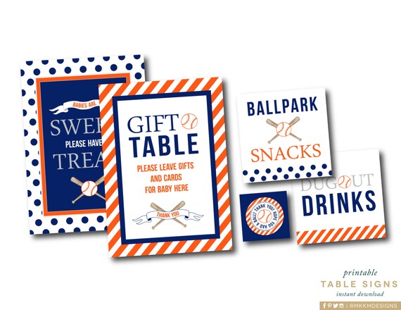 Baseball Table Signs, INSTANT DOWNLOAD, Couples Baby Shower, Ballpark Sign, Gift Table Sign, Baseball Favor Tag, Orange and Blue, #S1 Il_570xn