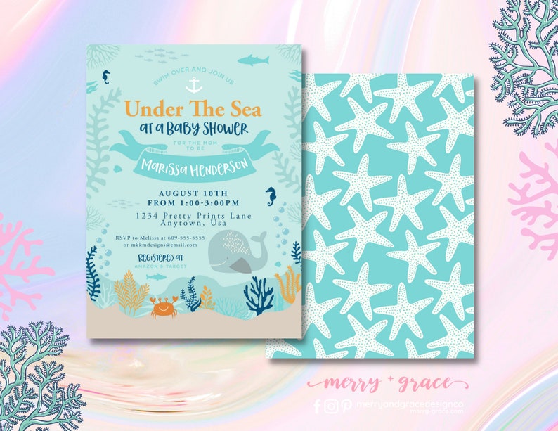 Under The Sea Invitation, Beach Baby Shower, Nautical Shower Invitation, Ocean Shower Invite, Starfish Baby Shower, Couples Baby Shower image 1