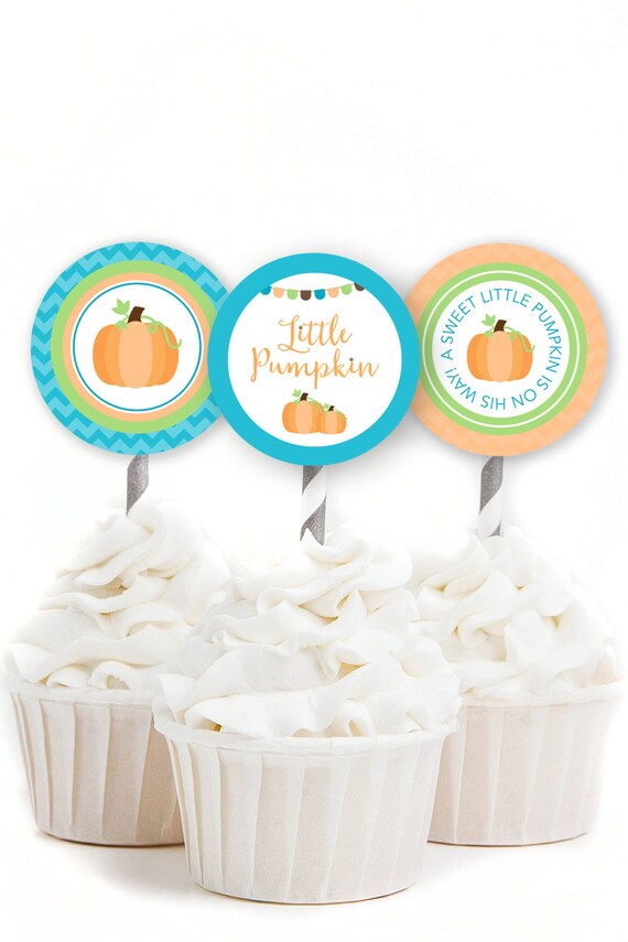 Fall Shower Decor, Pumpkin Cupcake Toppers, Pumpkin Baby Shower, Little Pumpkin Shower, Boy Baby Shower, INSTANT DOWNLOAD, #F2 Il_570xn