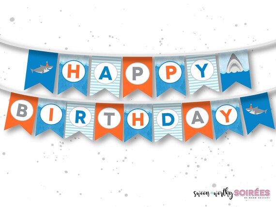 Shark Banner, Happy Birthday Banner, Shark Party Decor, Boys Birthday Decor, Shark Birthday, Shark Pool Party, Fintastic Birthday, DOWNLOAD Il_570xn