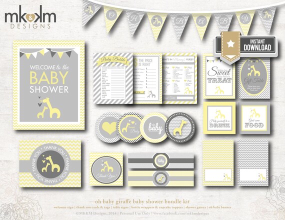 Giraffe Baby Shower Party Kit, INSTANT DOWNLOAD, Party Banner, Giraffe Baby Games, Giraffe Party Decor, Gender Neutral Yellow and Gray, #G1 Il_570xn