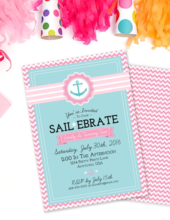 Sailebrate Birthday Invite, Nautical Birthday Invitation, Girls Birthday, Anchor Birthday Invite, Pink and Blue, Printable Invite, #60 Il_570xn