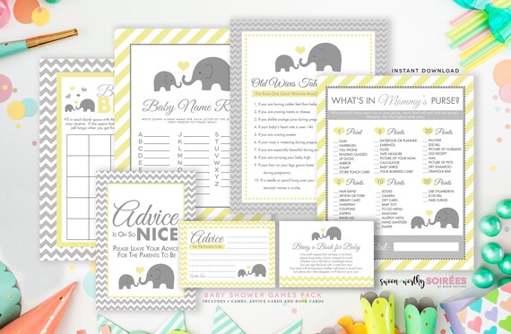 Elephant Baby Shower Games, Baby Name Race, Gender Neutral Game, Old Wives Tales, Advice for Parents, Baby Shower Bingo, DOWNLOAD, E1 Il_570xn