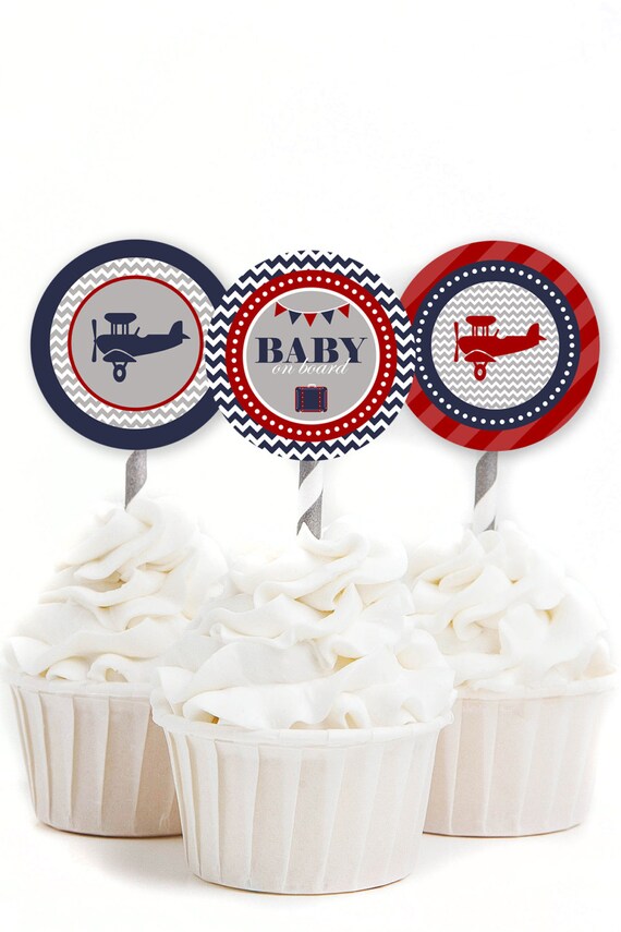 Airplane Cupcake Toppers, Airplane Baby Shower, Travel Baby Shower, Rustic Baby Shower, Red and Navy Baby Shower, INSTANT DOWNLOAD, #A1 Il_570xn