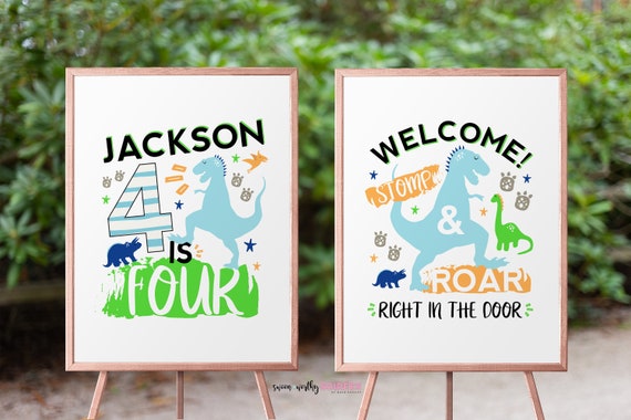 Dinosaur Welcome Signs, Dinosaur Party Signs, Dinosaur Birthday Poster, Birthday Age Sign, Dino Party Decor, Boy Birthday Party, STOMP Il_570xn