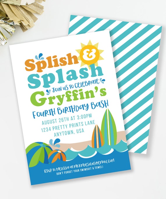 Pool Party Birthday Invitation, Beach Birthday Party, Nautical Invitation, Summer Birthday, Beach Ball Invite, Surfing Birthday Party, #41 Il_570xn