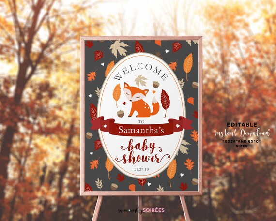 Fox Welcome Sign, Editable Baby Shower Welcome Sign, Gender Neutral Shower, Fall Baby Shower Decor, Woodland Baby Shower, INSTANT DOWNLOAD Il_570xn