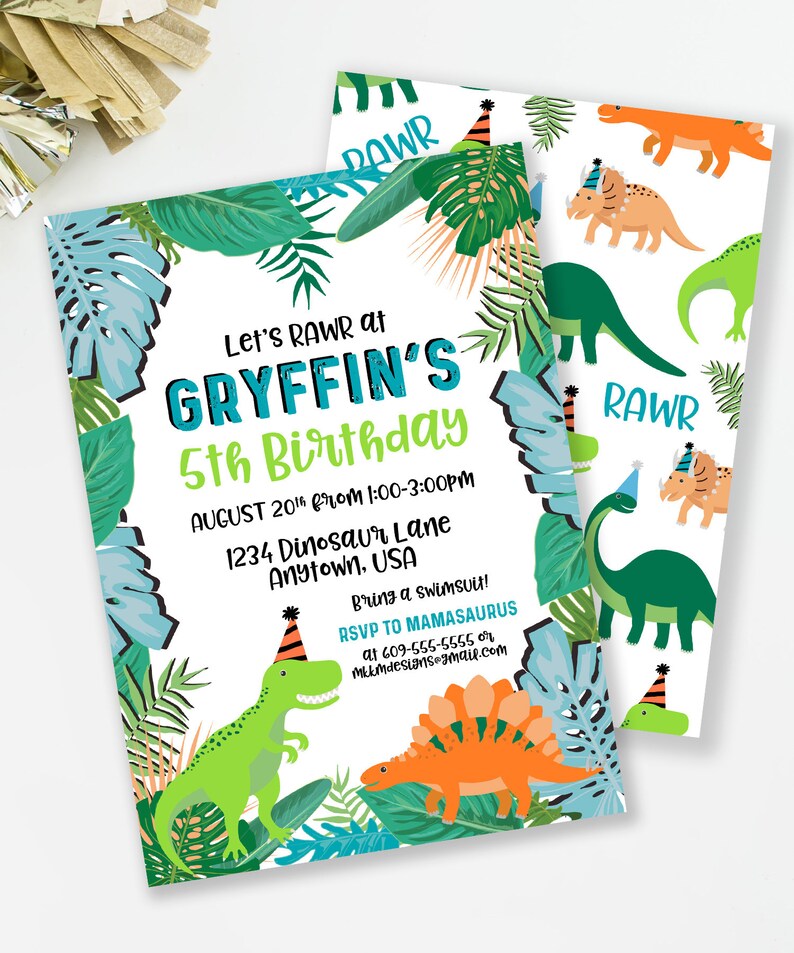 Dinosaur Invitation, Tropical Dinosaur Party, Boy Birthday Invite, Dinosaur Party, Dino Pool Party, T-Rex Birthday, Dino Birthday RAWR imagem 3