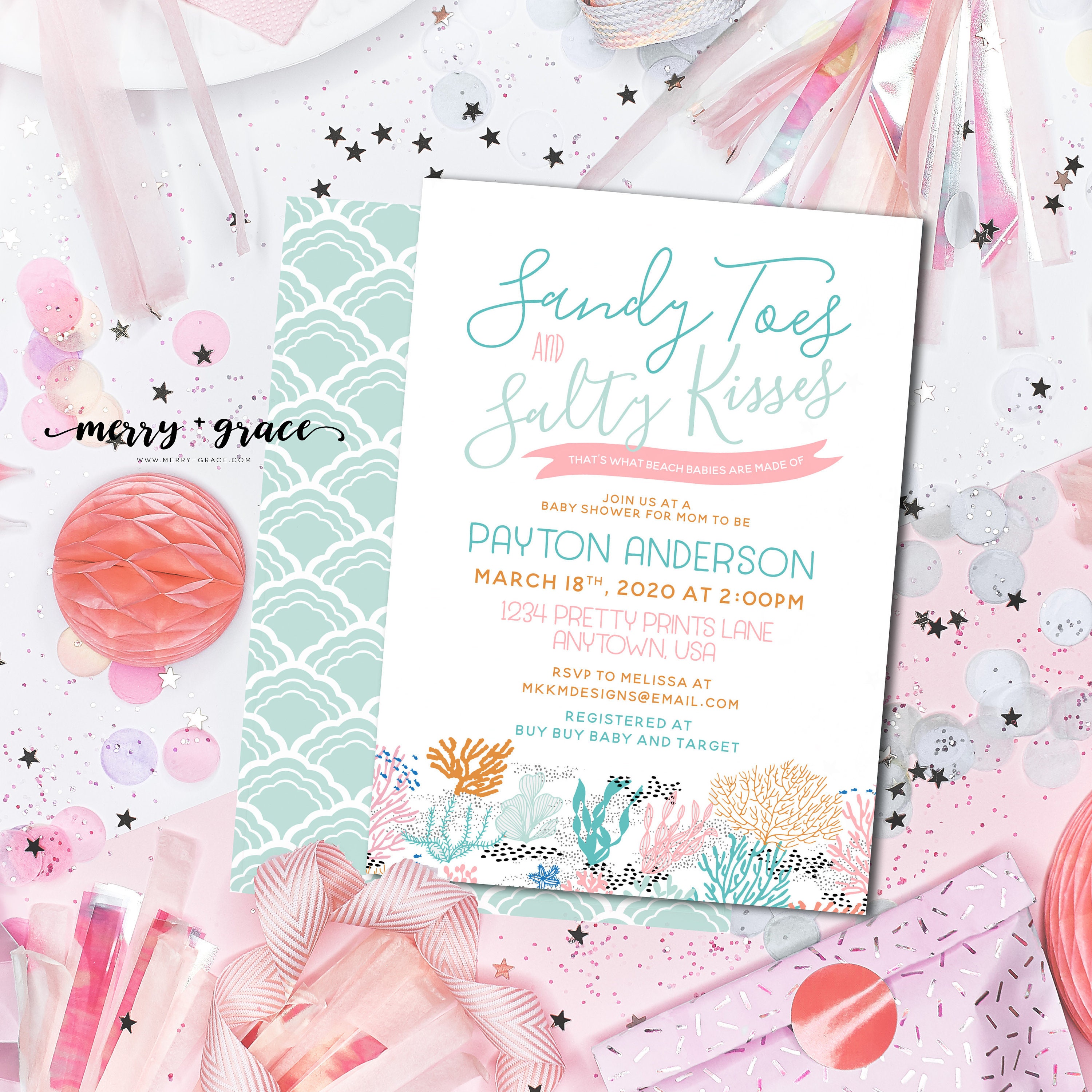 Sandy Toes & Salty Kisses Beach Baby Shower Invitation, Under The Sea,  Coral Reef Shower, Nautical Shower, Sea Shell Invite,Girl Baby Shower