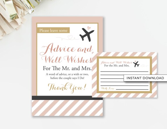 Advice and Well Wishes Cards, Travel Shower Theme, Advice for Mr and Mrs, Blush and Gold, Bridal Shower Advice, INSTANT DOWNLOAD, #31 Il_570xn