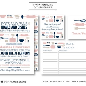 Stock The Kitchen Invitation Set, Bridal Shower Invite, Recipe Card and Insert, Blush and Navy Kitchen Shower, Thank You Favor Tag