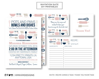 Stock The Kitchen Invitation Set, Bridal Shower Invite, Recipe Card and Insert, Blush and Navy Kitchen Shower, Thank You Favor Tag