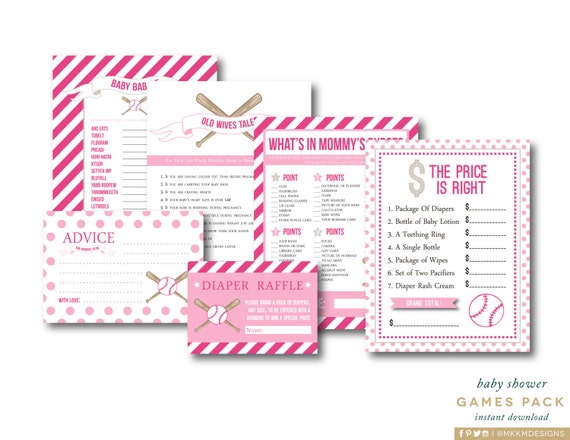 Pink Baseball Baby Shower Games, Girl Baby Shower, Baby Word Scramble, Mommys Purse, Diaper Raffle Ticket, INSTANT DOWNLOAD, #S1 Il_570xn