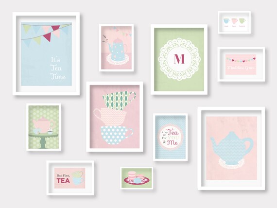 Tea Time Gallery Wall, Tea Cup Nursery Prints, Girl Nursery Decor, Tea Party Decor, But First Tea, Shabby Chic Decor, Digital Art Prints Il_570xn