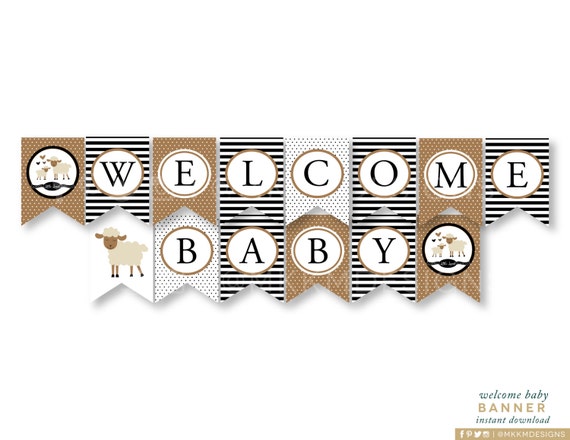 Welcome Baby Banner, Lamb Baby Shower, Lamb Banner, Rustic Baby Shower Decor, Storybook Shower, Black and White, INSTANT DOWNLOAD, #2403 Il_570xn