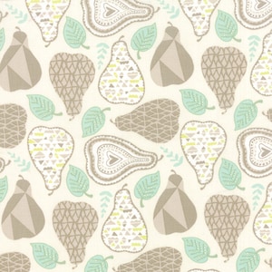 May include: A repeating pattern of stylized pears and leaves in shades of beige, brown, and mint green on a cream background. The pears feature geometric and patterned designs, creating a whimsical and decorative aesthetic.