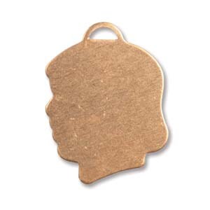 May include: A blank, copper-colored metal charm in the shape of a person's profile. The charm has a loop at the top for attaching to a necklace or bracelet.