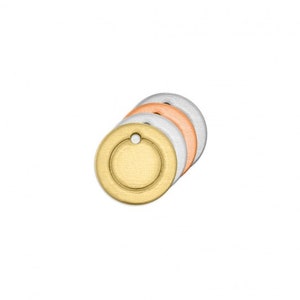 May include: Three round metal tags with a hole at the top. The tags are gold, silver, and rose gold.