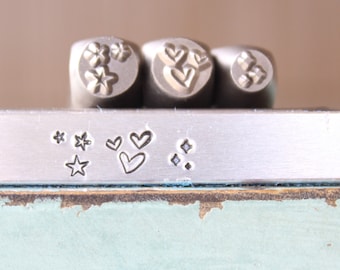 6mm Three Heart and Star Cluster and 5mm Diamond Cluster Metal Design 3 Stamp Set - Metal Stamp - Metal Stamping Jewelry Tool SGCH-563561574