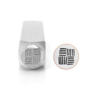 May include: A silver metal stamp with a square pattern design. The stamp is used for creating impressions on metal.