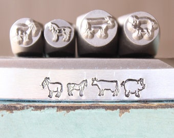 Animal Set 6mm Goat and Horse, 8mm Cow and 7mm Pig Metal Design 4 Stamp Set - Metal Stamp - Metal Stamping and Jewelry Tool SGCH204459530572