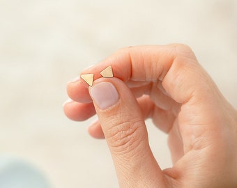 May include: A pair of small, gold triangle stud earrings.