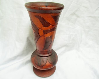 Made in Aruba Vintage Hand Turned  Folk Art Wood Hand Carved Vase  Fish & Flowers VASE