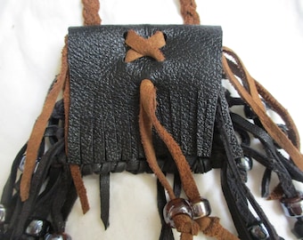 Handmade Small Fringed Brown and Black Leather Neck Pouch Medicine Bag Braided Strap