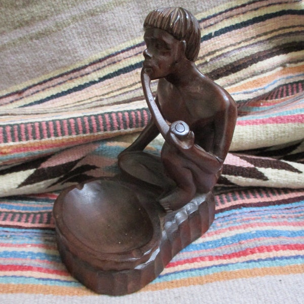 Hand Carved Tribal Man in Loin Cloth Smoking Long Pipe With Ash Tray in Front Trinket Dish