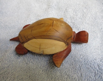 Hand Carved Wood Turtle Two Tone Wood Figure