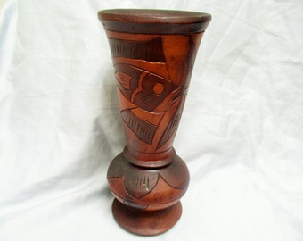 Made in Aruba Vintage  Folk Art Wood Hand Carved Vase  Fish & Flowers VASE