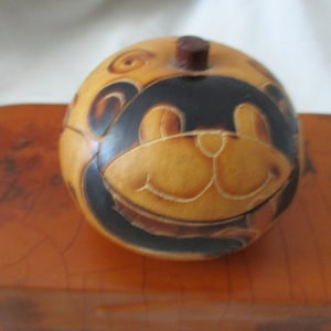 Monkey Design Lacuma Indian Gourd Art Lidded Trinket Container with Stem Handle Handmade in Peru