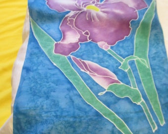 Vintage Batik Silk Neck Scarf Irises Hand  Painted Signed J.M. Hand Rolled Edges